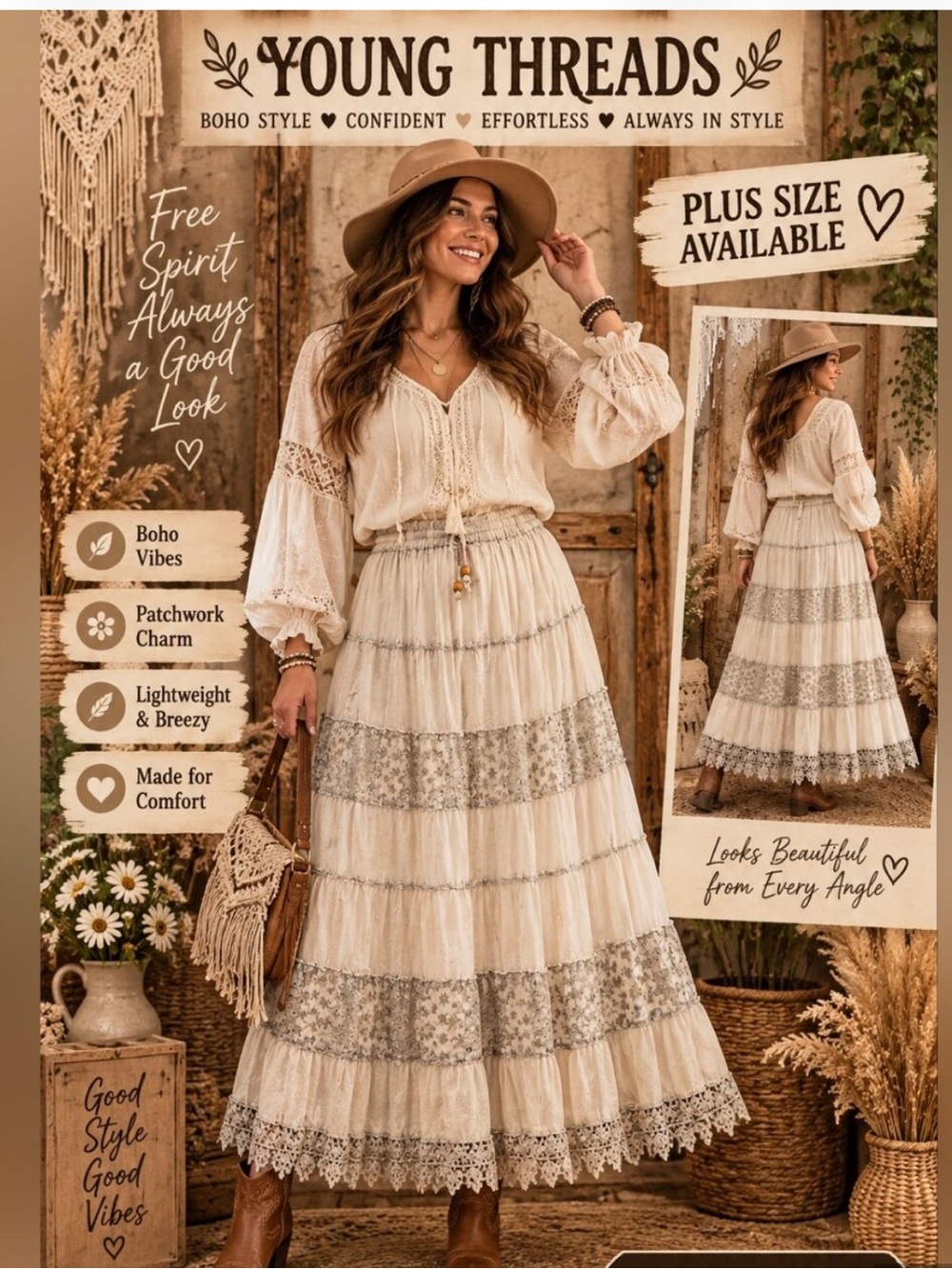 NWT Young Threads Boho Lace-Trim Maxi Skirt in Cream and Gray all cotton